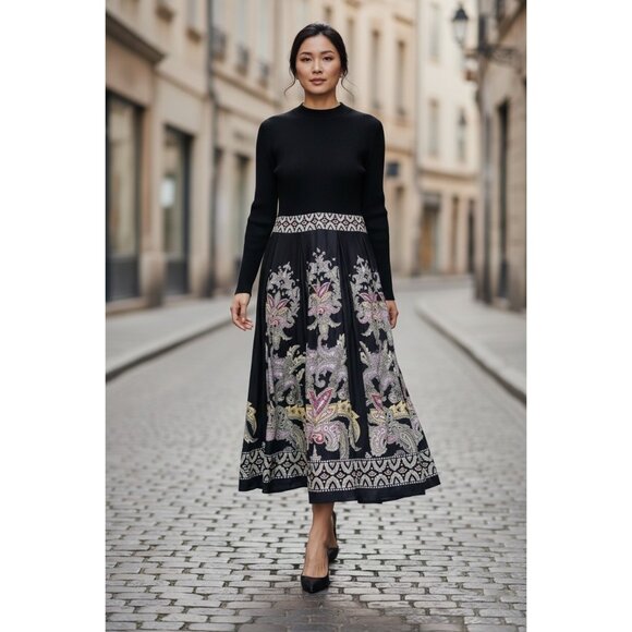 Dalia Macphee Dresses & Skirts - Dalia Macphee Paisley Long Maxi Dress Womens XL Black Fit Flare Mock Neck Flowy